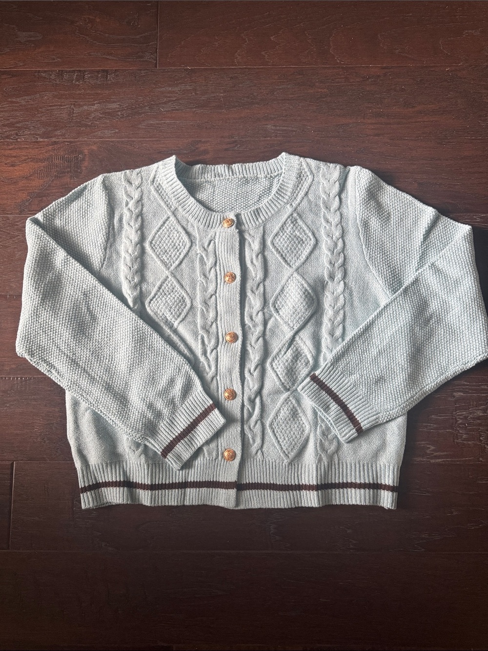 NWOT Cardigan Powder Blue Women XL Button-Front with Contrast Brown Trim